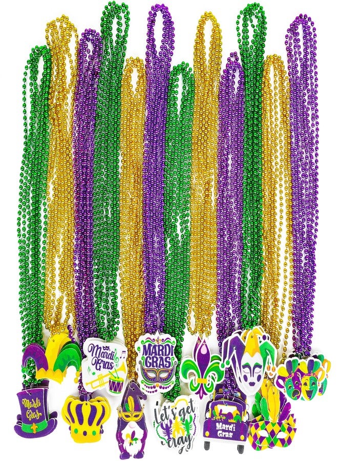 EOBOH 48PCS Mardi Gras Beads Throw, Mardi Gras Beads Necklace with Pendant, 12 Kinds Elements Green Purple Gold Accessories, Bead Necklace Costumes Mardi Gras Celebration Events Parade Throws Party Supplies - Image 1